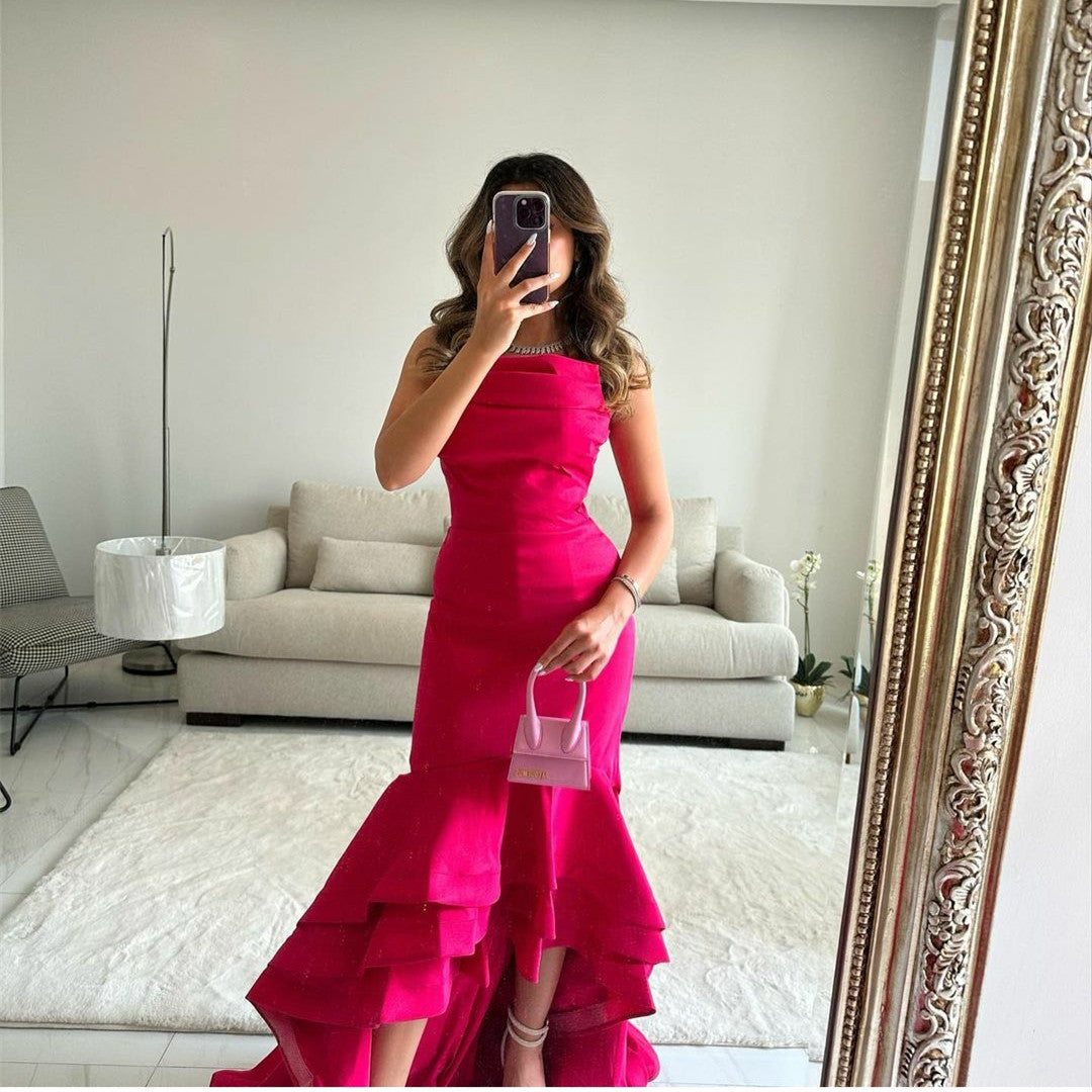 Elegant Long Fuchsia Taffeta Evening Dresses Mermaid Hi-Lo Ruffled Ramadan Dresses for Women