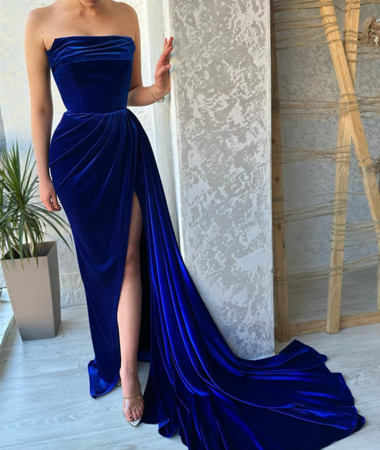 Elegant Long Royal Blue Velvet Evening Dresses With Slit Mermaid Strapless Pleated Prom Dresses for Women