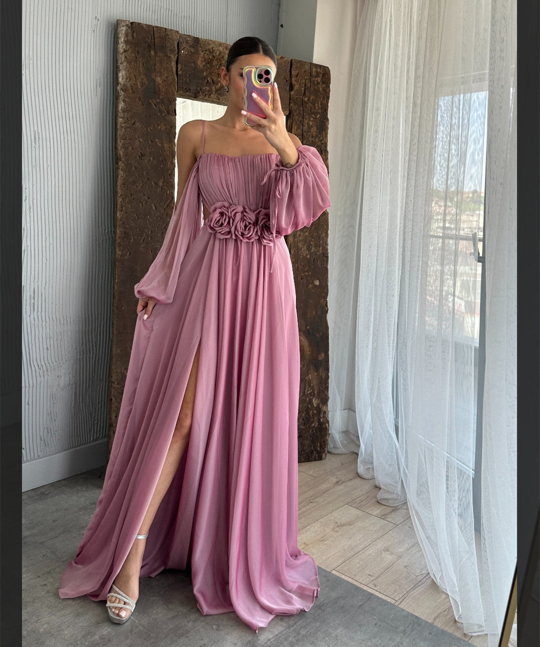 Elegant Long Fuchsia Chiffon Evening Dresses With Hand Made Flower A-Line Spaghetti Straps Floor Length Side Slit Prom Dresses for Women