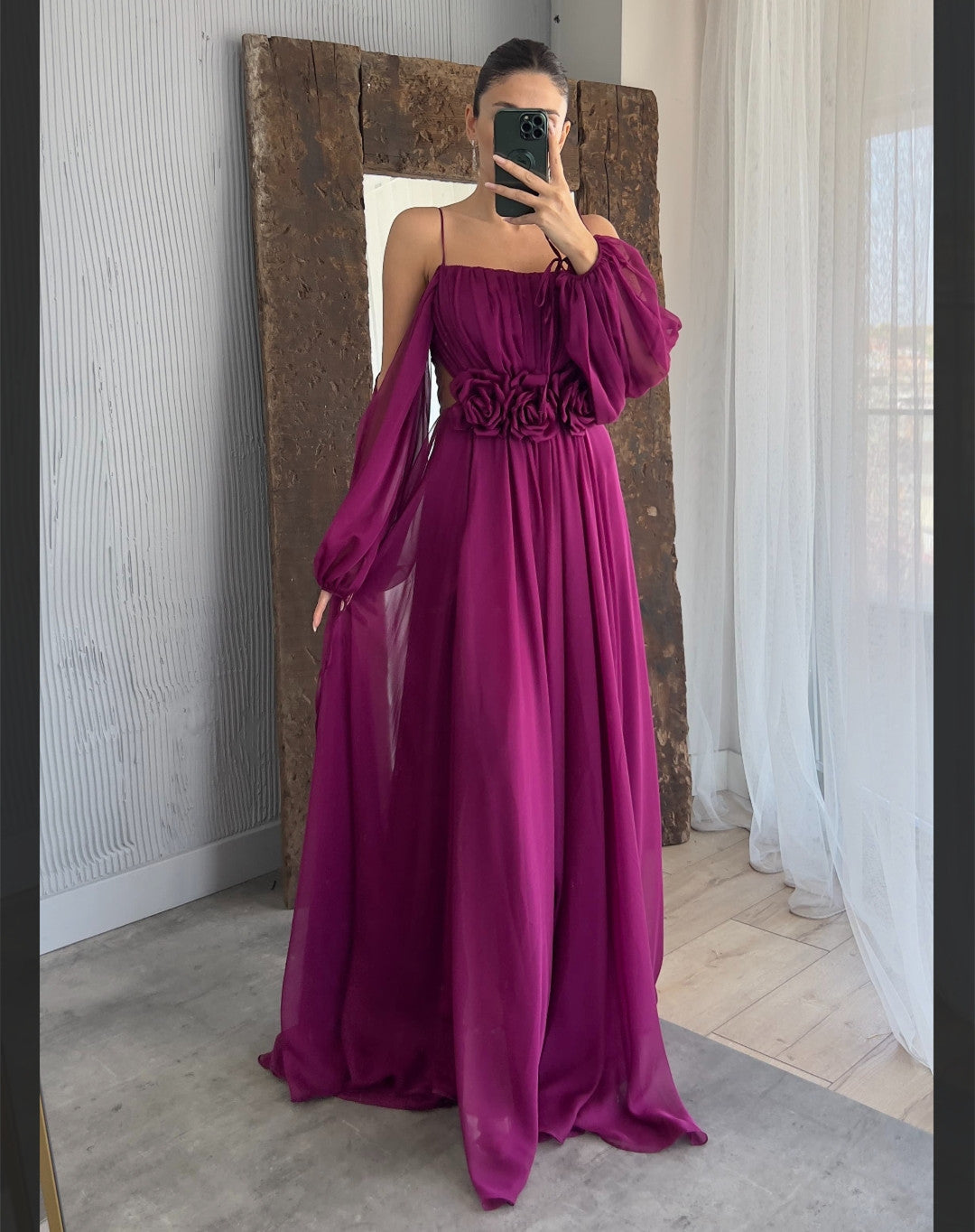 Elegant Long Fuchsia Chiffon Evening Dresses With Hand Made Flower A-Line Spaghetti Straps Floor Length Side Slit Prom Dresses for Women