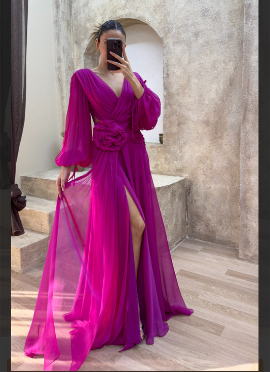 Elegant Long Sleeve Pink Chiffon Evening Dress With Flower/Slit A-Line V-Neck Pleated Floor Length Prom Dresses for Women