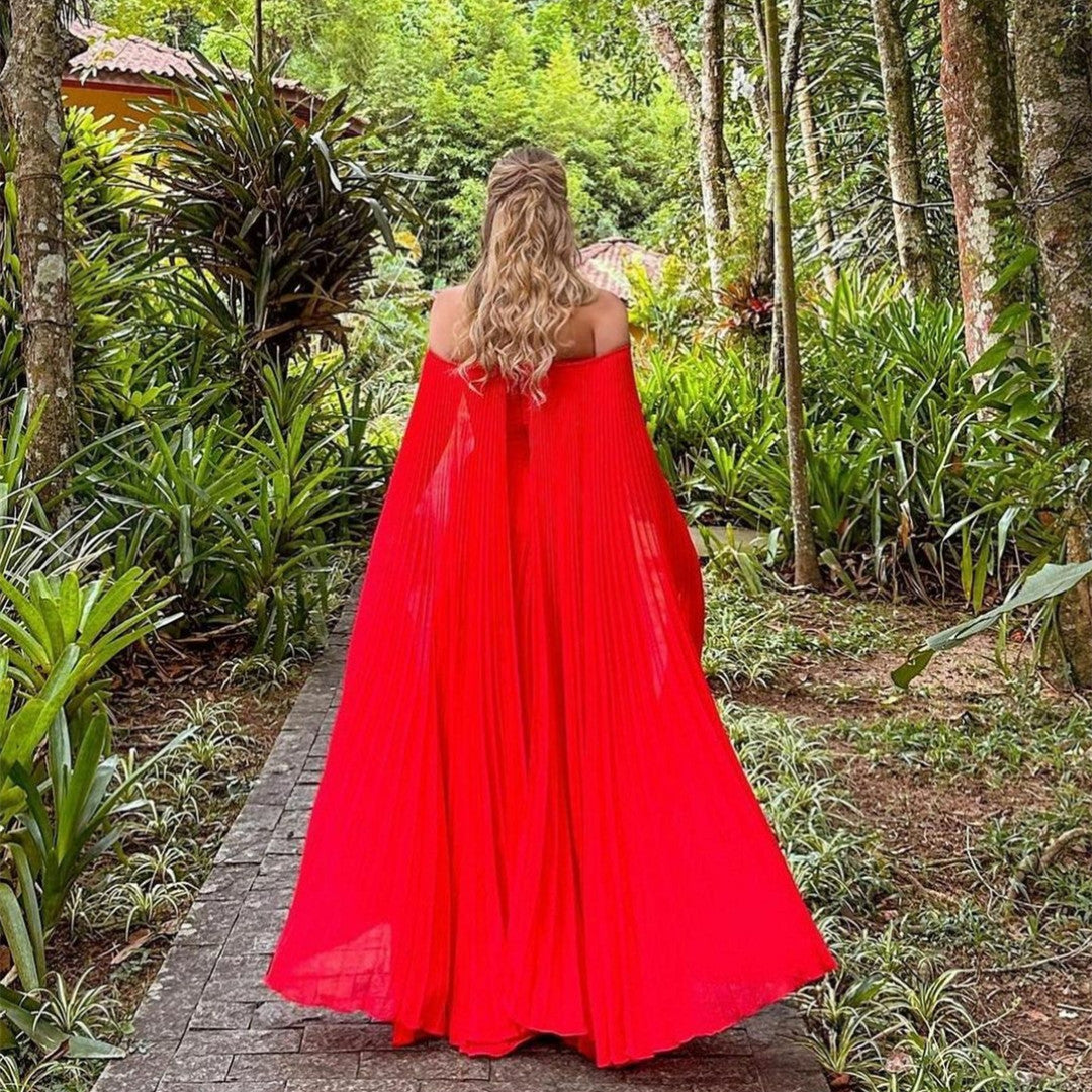 Elegant Long Red Chiffon Evening Dresses With Cape A-Line Boat Neck Floor Length Part Dress for Women