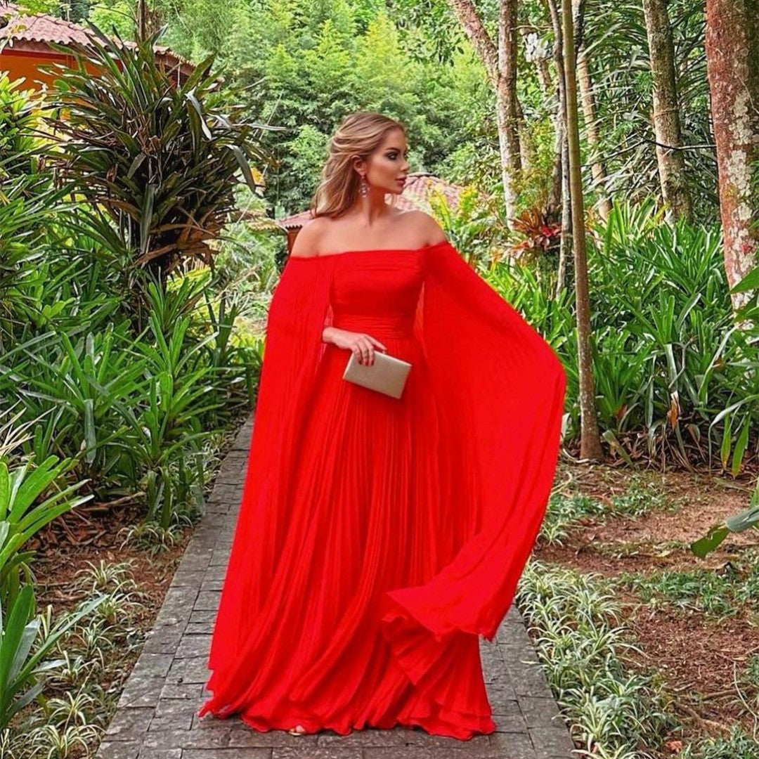 Elegant Long Red Chiffon Evening Dresses With Cape A-Line Boat Neck Floor Length Part Dress for Women