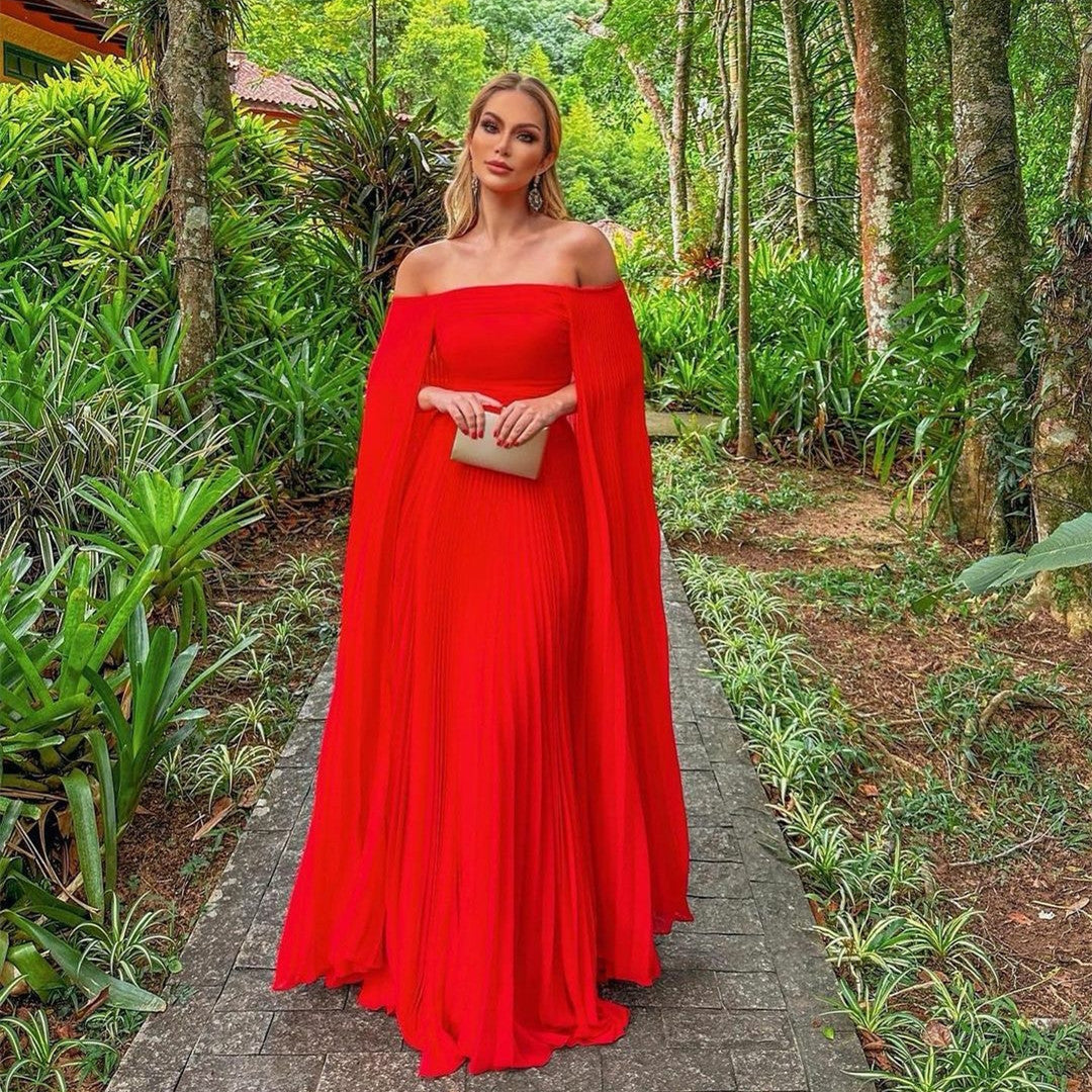 Elegant Long Red Chiffon Evening Dresses With Cape A-Line Boat Neck Floor Length Part Dress for Women