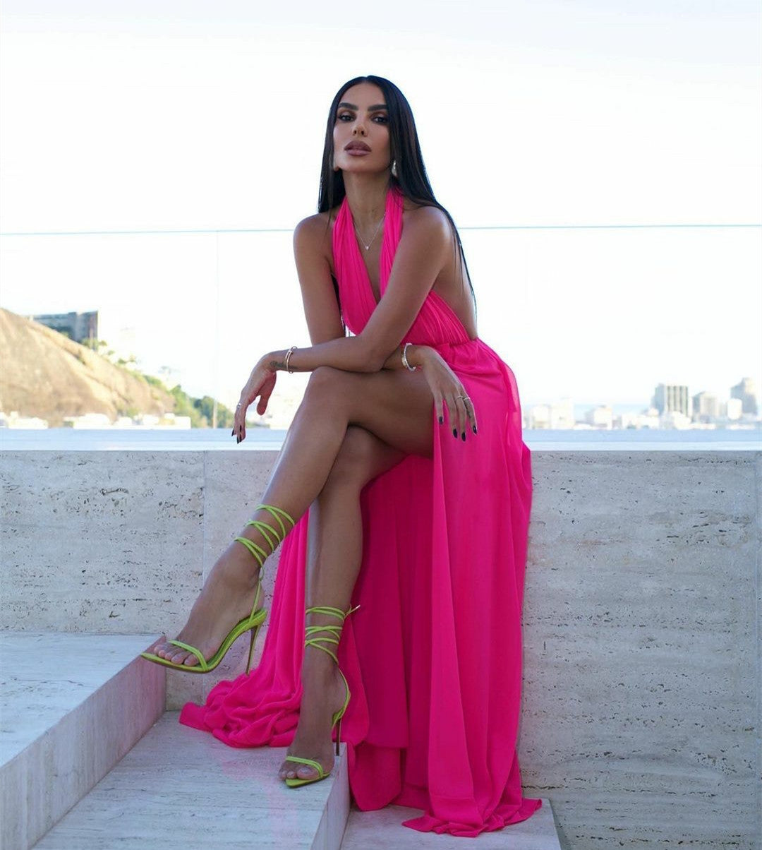Sexy Long Hot Pink Chiffon Prom Dresses With Flower A-Line V-Neck High Slit Pleated Evening Dress for Women