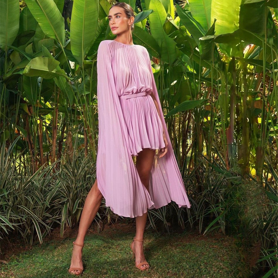 Elegant Short Pink Chiffon Evening Dresses Long Sleeve Ruched Above Knee Length Party Dres for Women