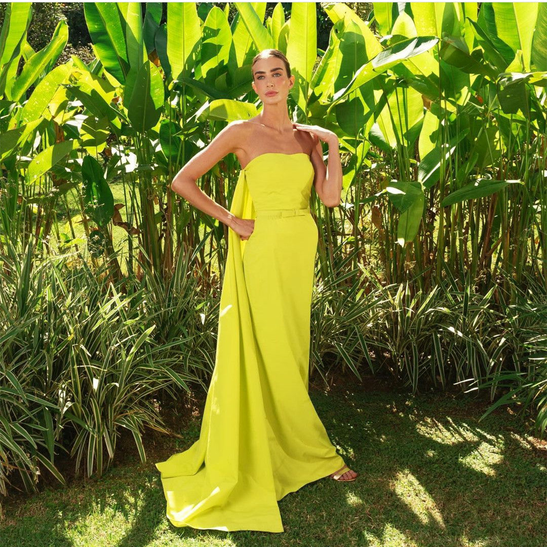 Elegant Long Green Crepe Evening Dresses Mermaid Strapless Sweep Train Prom Dress for Women