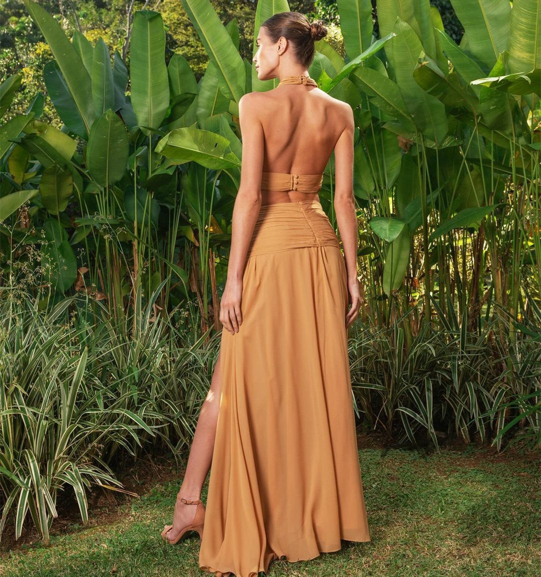 Sexy Long Halter Prom Dresses With Slit A-Line Chiffon Sleeveless Backless Floor Length for Women