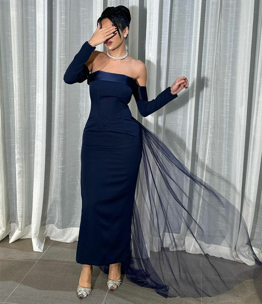 Elegant Short Navy Blue Satin Evening Dresses With Slit Sheath Tulle Ankle Train Ramadan Dresses for Women