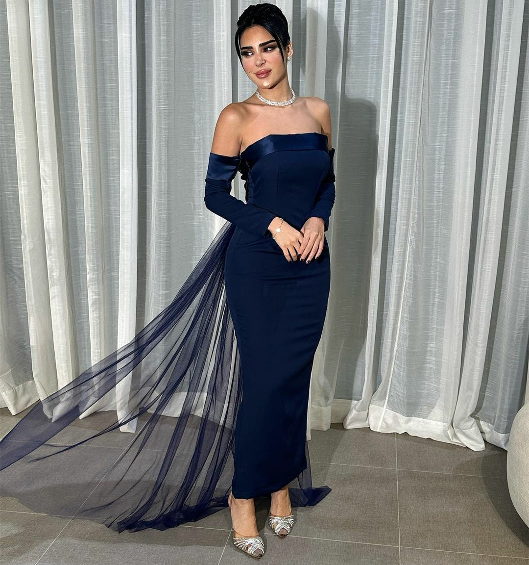 Elegant Short Navy Blue Satin Evening Dresses With Slit Sheath Tulle Ankle Train Ramadan Dresses for Women