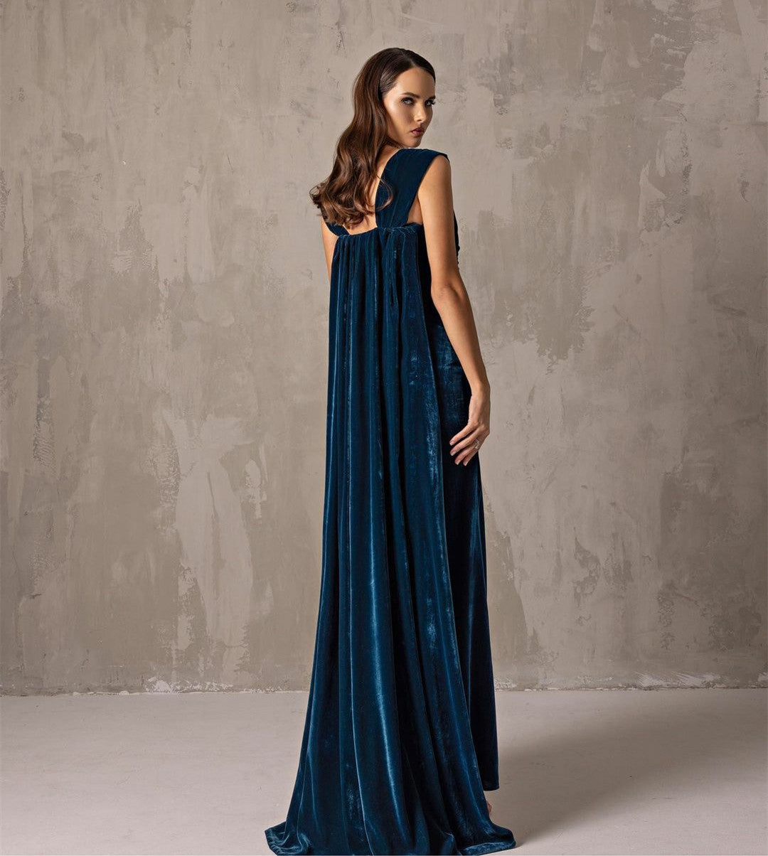 Elegant Long Blue Velvet Evening Dresses With Ribbon Mermaid Square Neck Ankle Length فساتين سهرة Prom Ramadan Dresses for Women