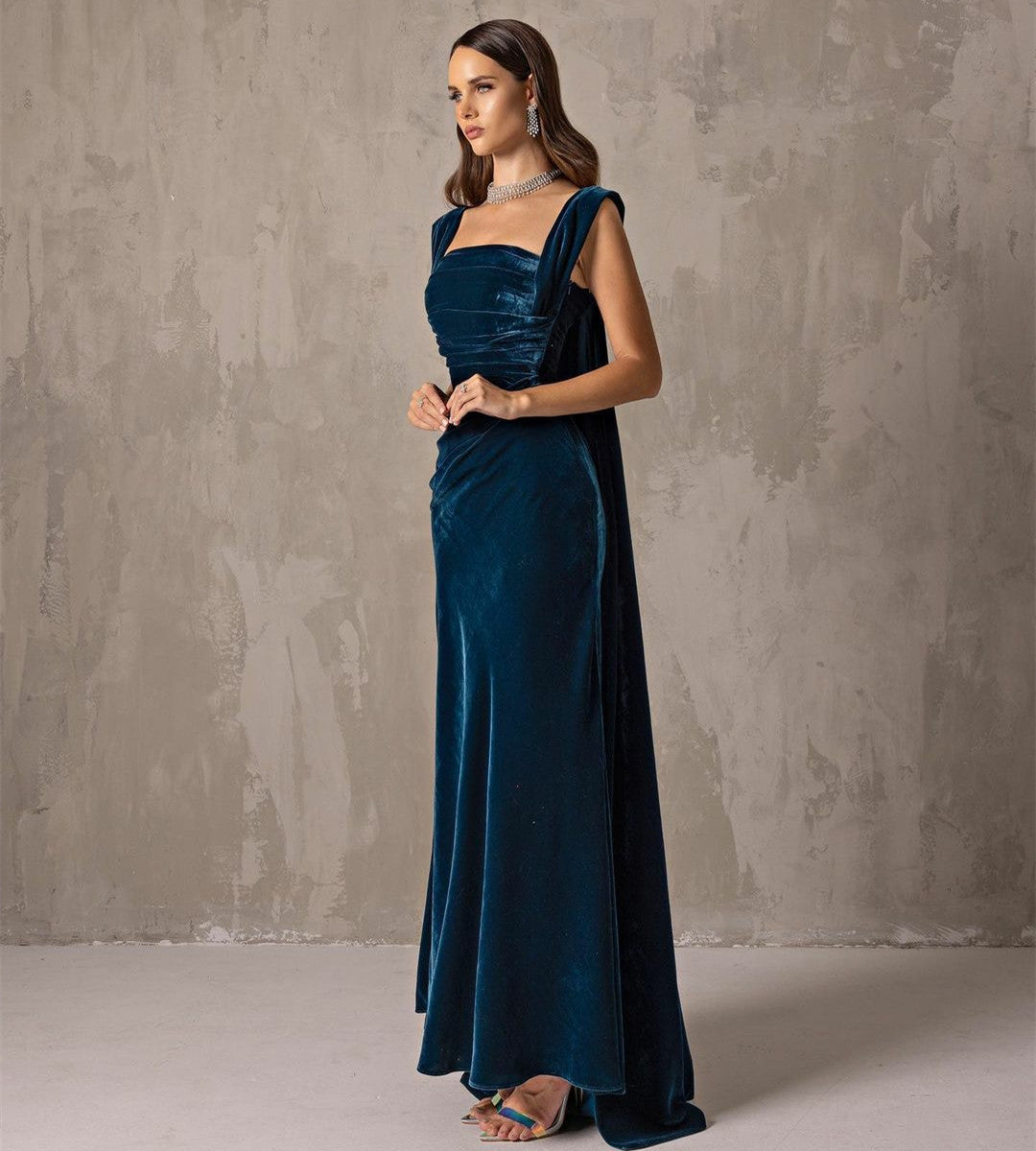 Elegant Long Blue Velvet Evening Dresses With Ribbon Mermaid Square Neck Ankle Length فساتين سهرة Prom Ramadan Dresses for Women