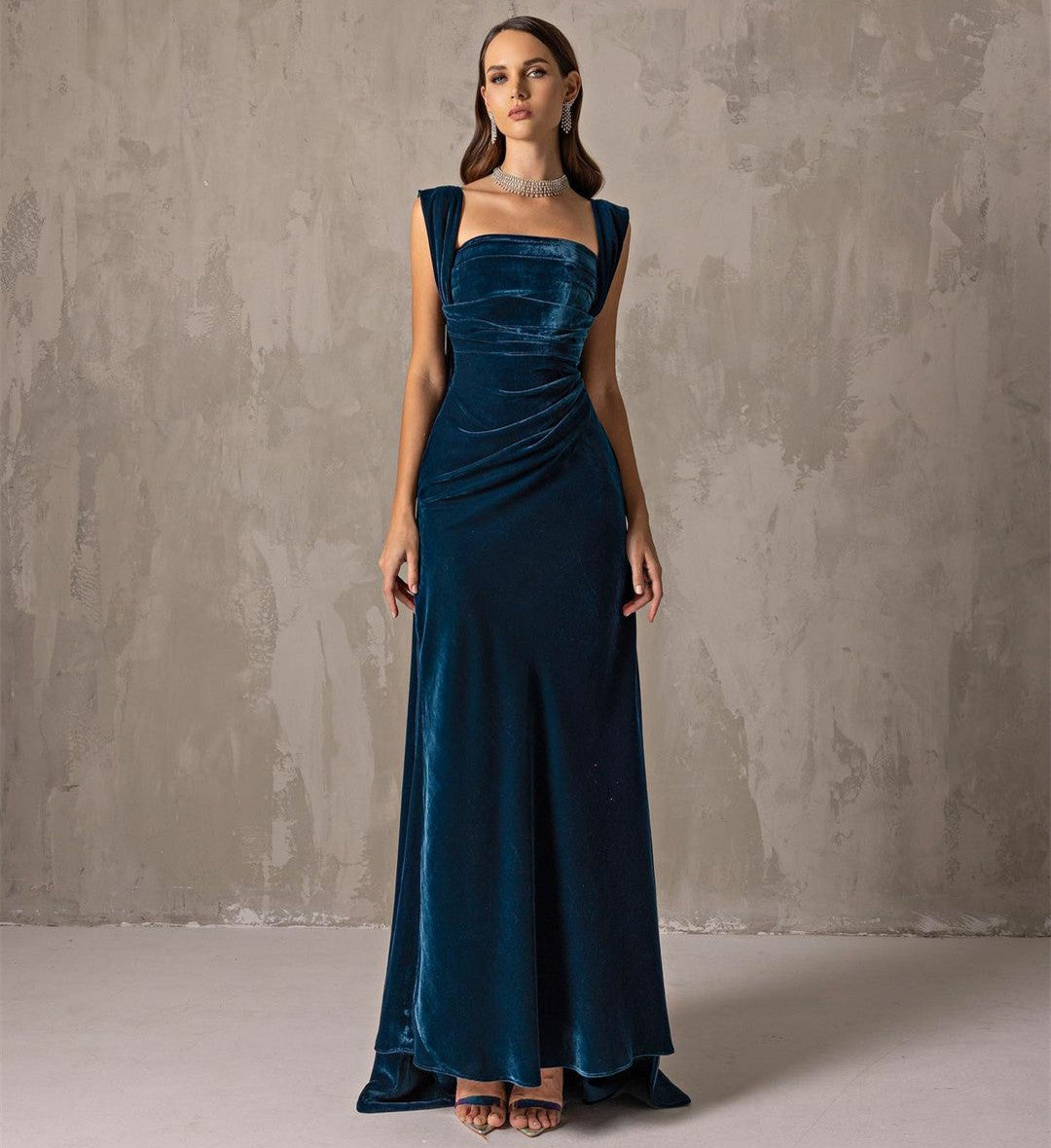 Elegant Long Blue Velvet Evening Dresses With Ribbon Mermaid Square Neck Ankle Length فساتين سهرة Prom Ramadan Dresses for Women