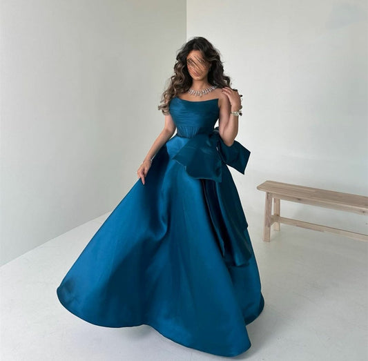 Elegant Long Satin Blue Evening Dresses With Bow A-Line Strapless Floor Length Prom Dresses for Women