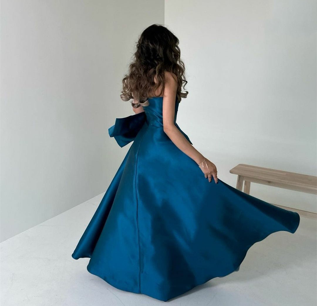 Elegant Long Satin Blue Evening Dresses With Bow A-Line Strapless Floor Length Prom Dresses for Women