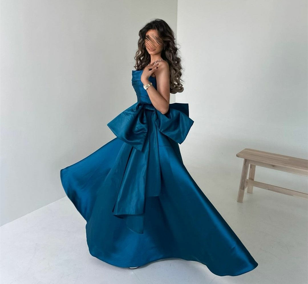 Elegant Long Satin Blue Evening Dresses With Bow A-Line Strapless Floor Length Prom Dresses for Women