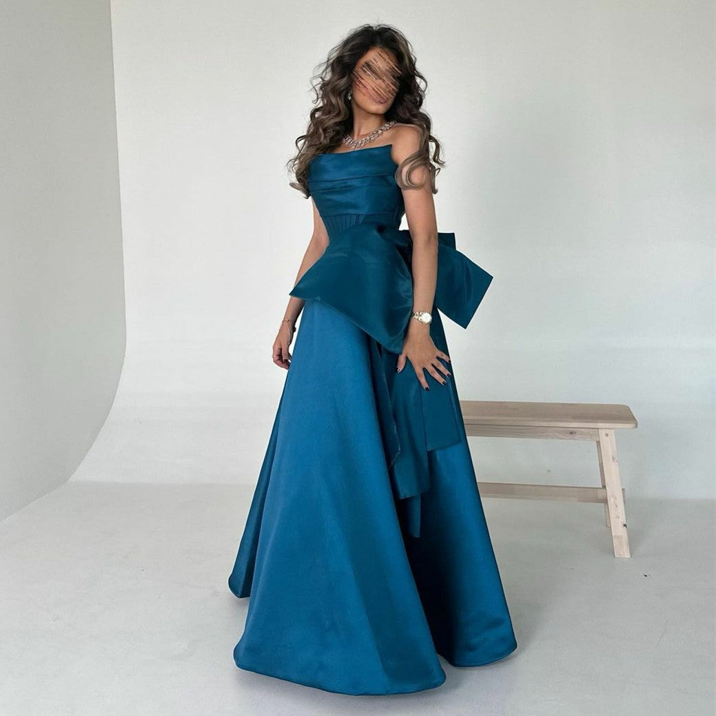 Elegant Long Satin Blue Evening Dresses With Bow A-Line Strapless Floor Length Prom Dresses for Women