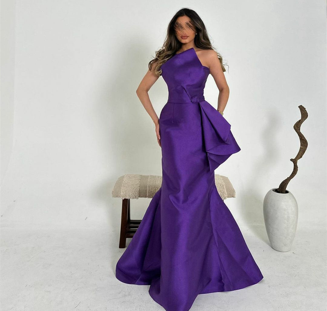 Elegant Long Purple Satin Evening Dresses With Peplum Mermaid Scalloped فساتين سهرة Sweep Train Prom Ramadan Dresses for Women