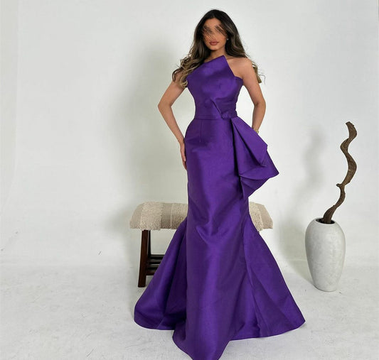 Elegant Long Purple Satin Evening Dresses With Peplum Mermaid Scalloped فساتين سهرة Sweep Train Prom Ramadan Dresses for Women