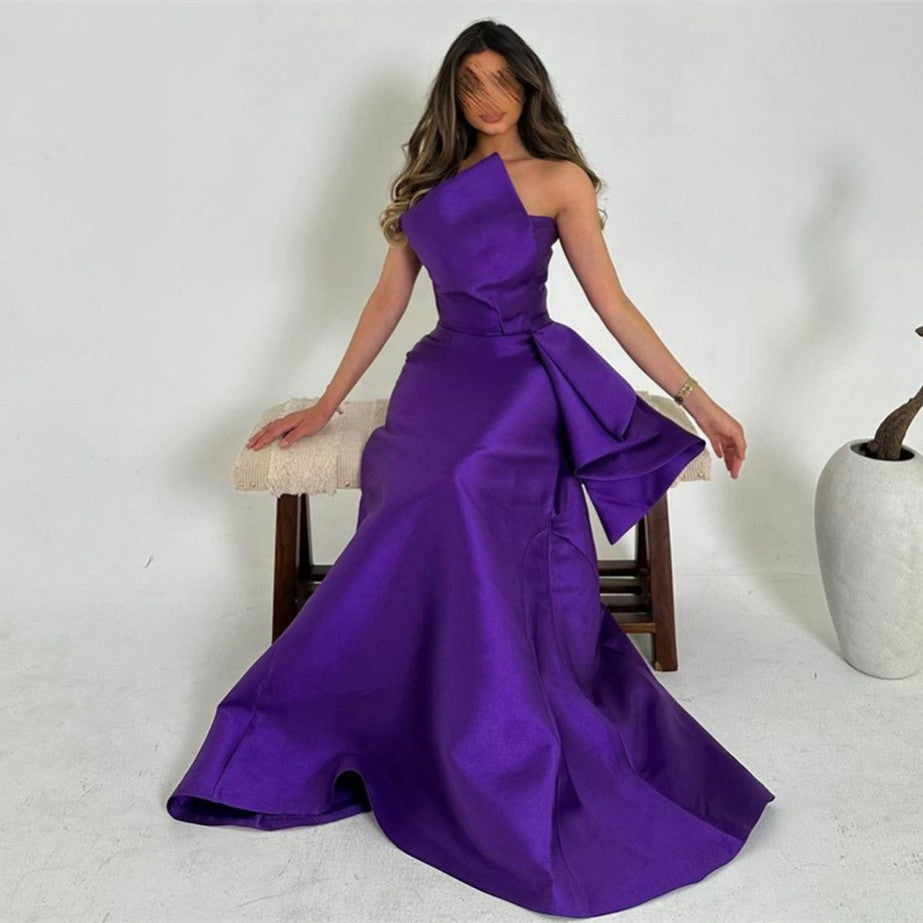 Elegant Long Purple Satin Evening Dresses With Peplum Mermaid Scalloped فساتين سهرة Sweep Train Prom Ramadan Dresses for Women