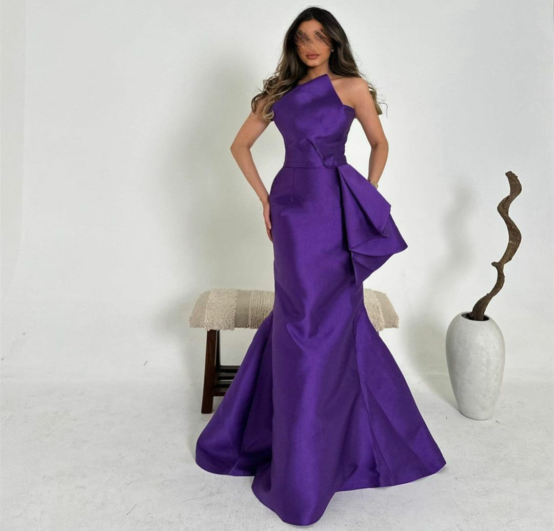 Elegant Long Purple Satin Evening Dresses With Peplum Mermaid Scalloped فساتين سهرة Sweep Train Prom Ramadan Dresses for Women