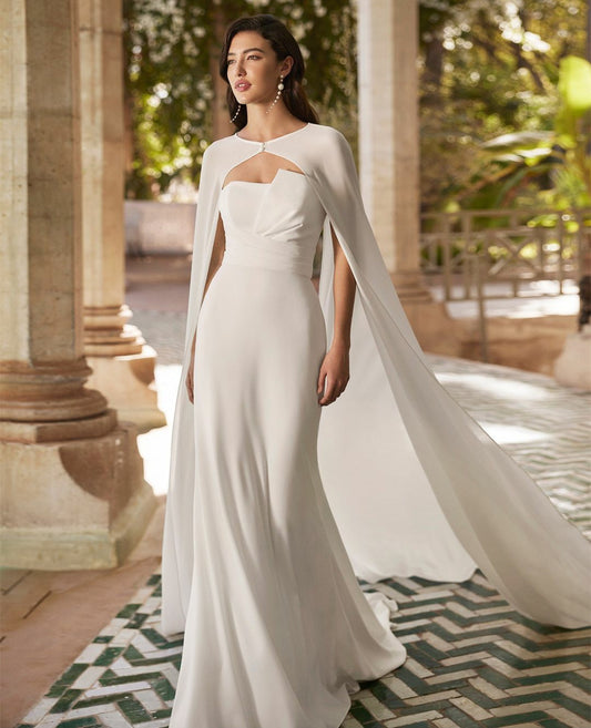 Elegant Long Crepe Sleeveless Evening Dresses With Wrap Ivory Mermaid Scalloped Sweep Train Bridal Gowns for Women