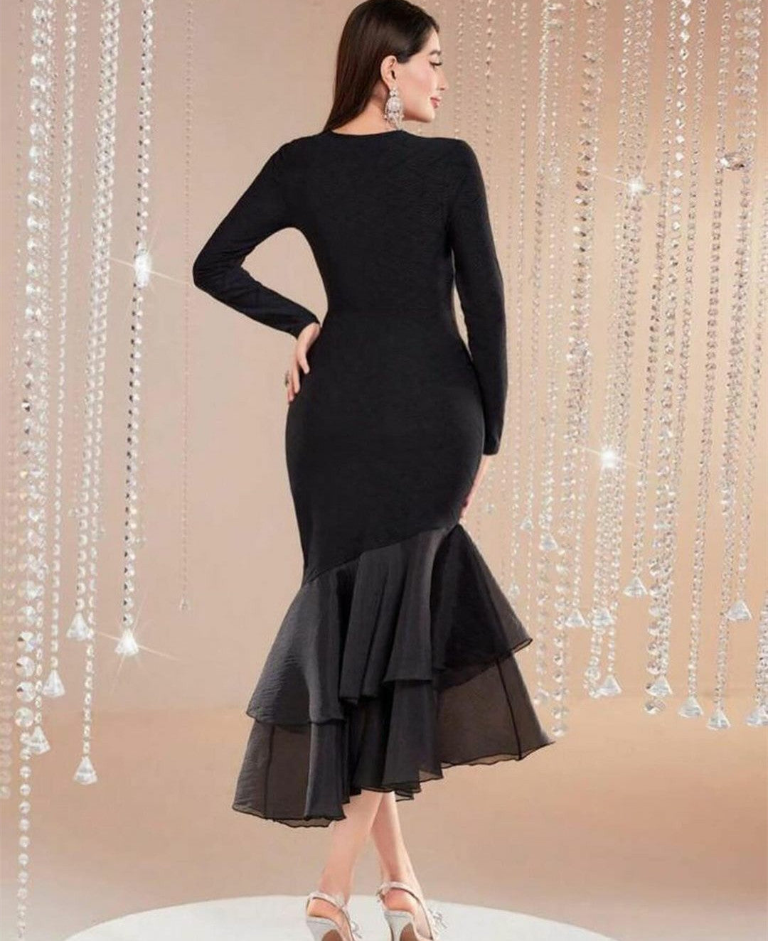 Elegant Short Black Organza Evening Dresses With Ruffles Mermaid Tea Length فساتين سهرة Prom Ramadan Dresses for Women