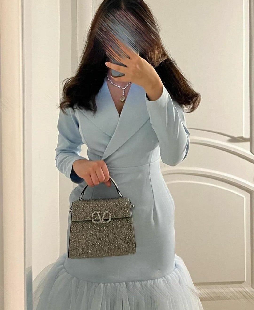 Elegant Short V-Neck Tulle Evening Dresses A-Line Long Sleeve Crepe Light Blue Ramadan Dress for Women