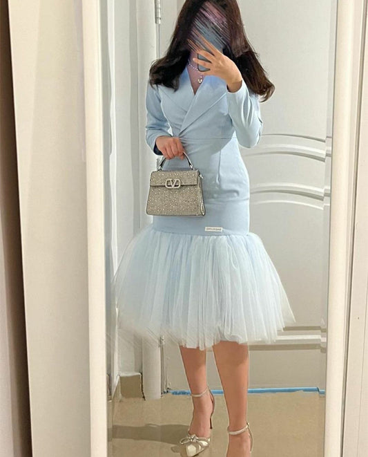 Elegant Short V-Neck Tulle Evening Dresses A-Line Long Sleeve Crepe Light Blue Ramadan Dress for Women