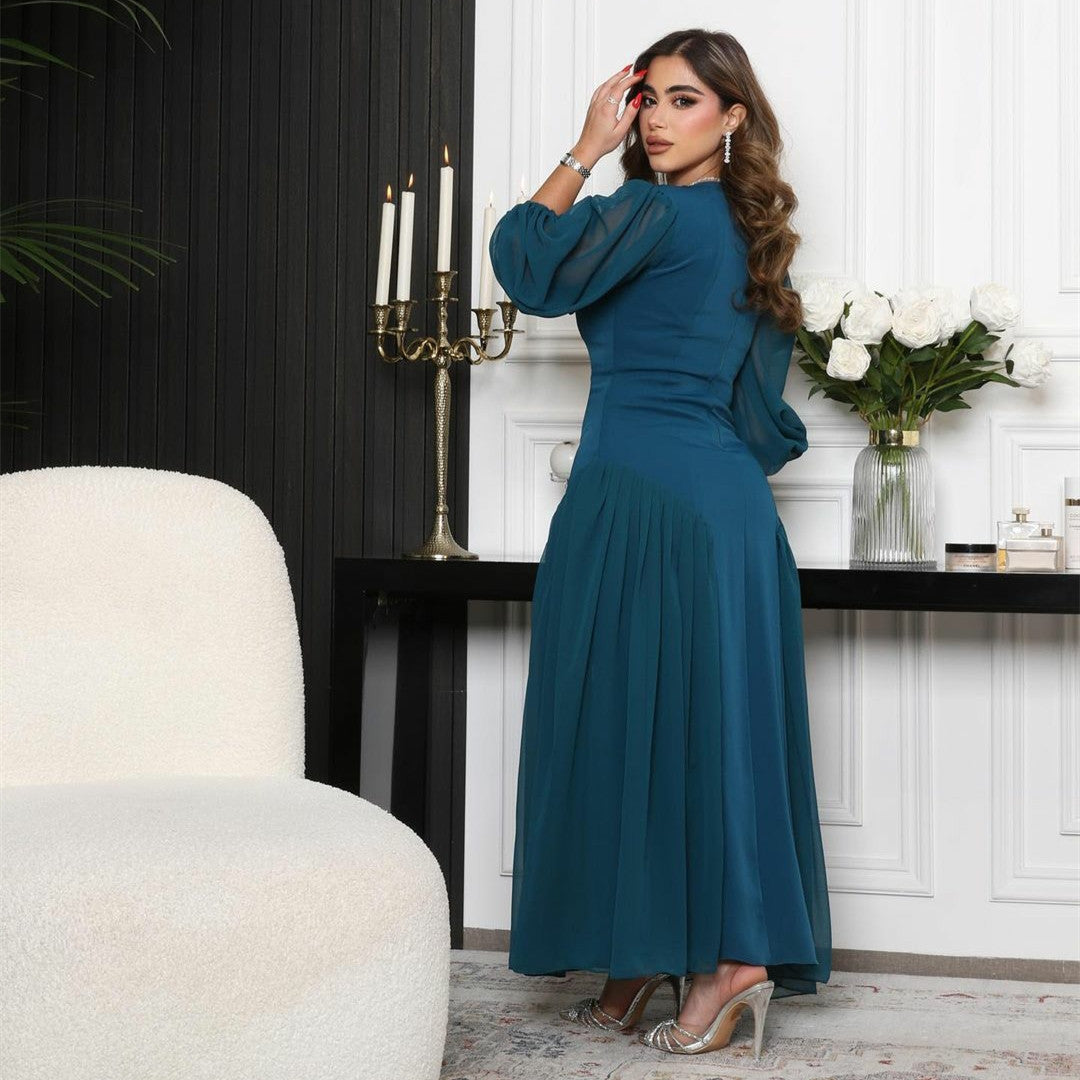 Classy Short Chiffon Square Neck Evening Dresses Mermaid Pleated Ankle Length فساتين السهرة Ramadan Eid Dresses