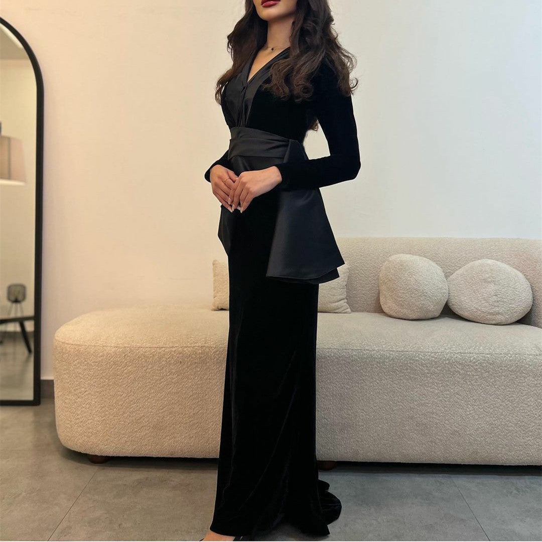 Elegant Black V-Neck Evening Dresses Long Velvet فساتين سهرة Mermaid Formal Party Dress Watteau Train for Women