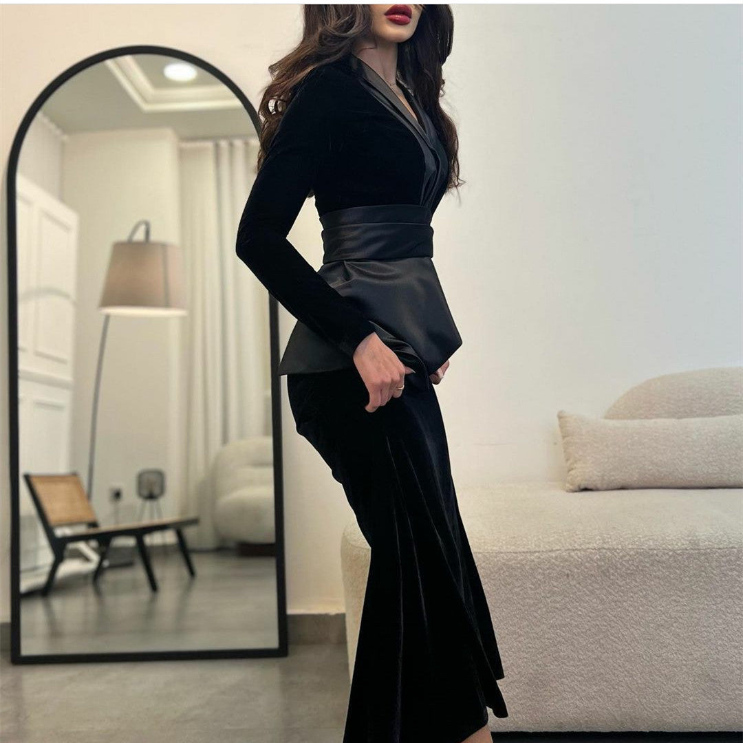 Elegant Black V-Neck Evening Dresses Long Velvet فساتين سهرة Mermaid Formal Party Dress Watteau Train for Women