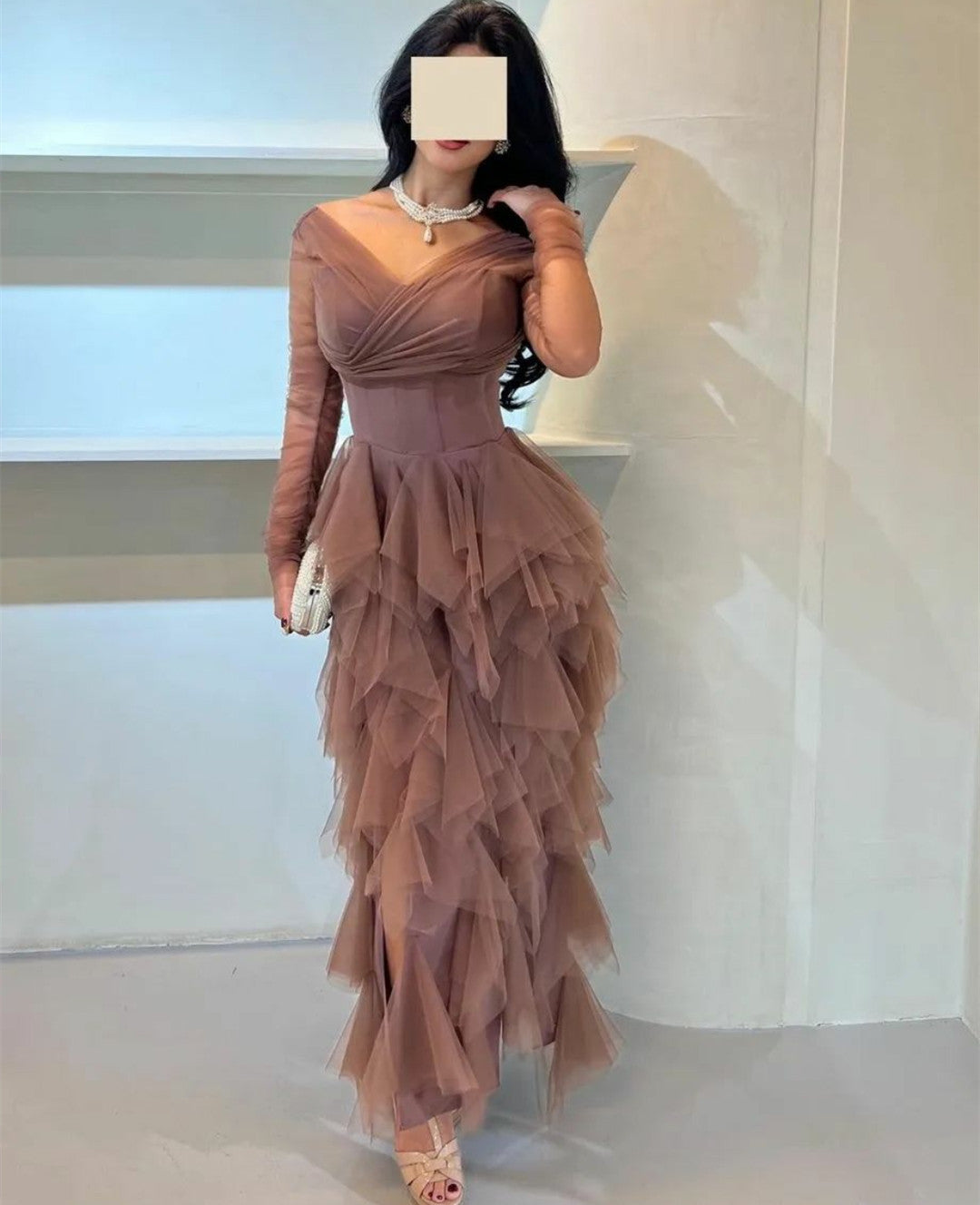 Elegant V-Neck Evening Dresses Long Sleeve فساتين سهرة Tulle Floor Length Formal Party Dress for Women