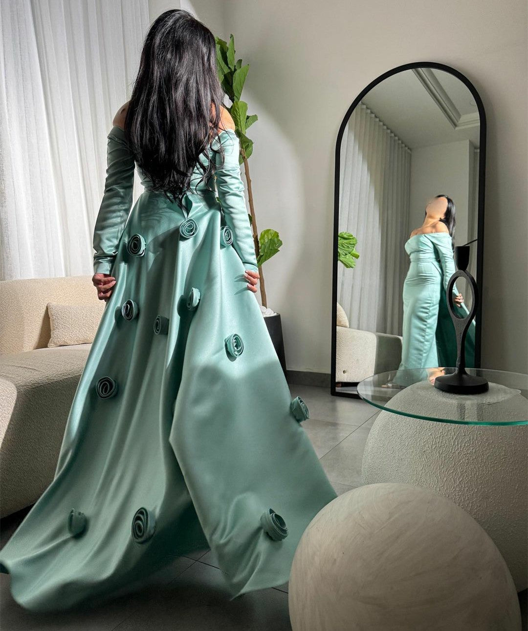 Elegant Long Sleeves Green Evening Dresses فساتين سهرة Sheath Formal Party Dress Sweep Train for Women