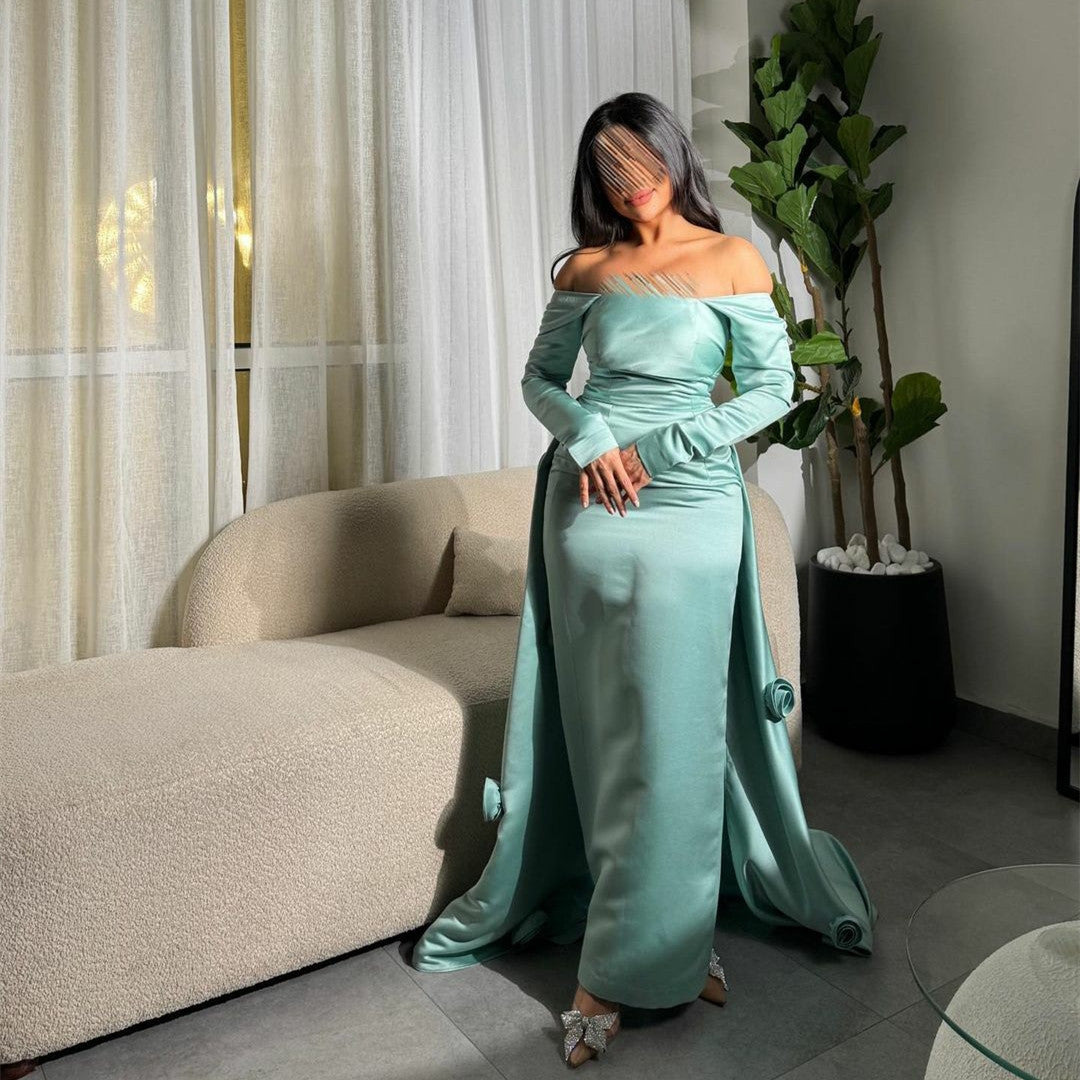 Elegant Long Sleeves Green Evening Dresses فساتين سهرة Sheath Formal Party Dress Sweep Train for Women