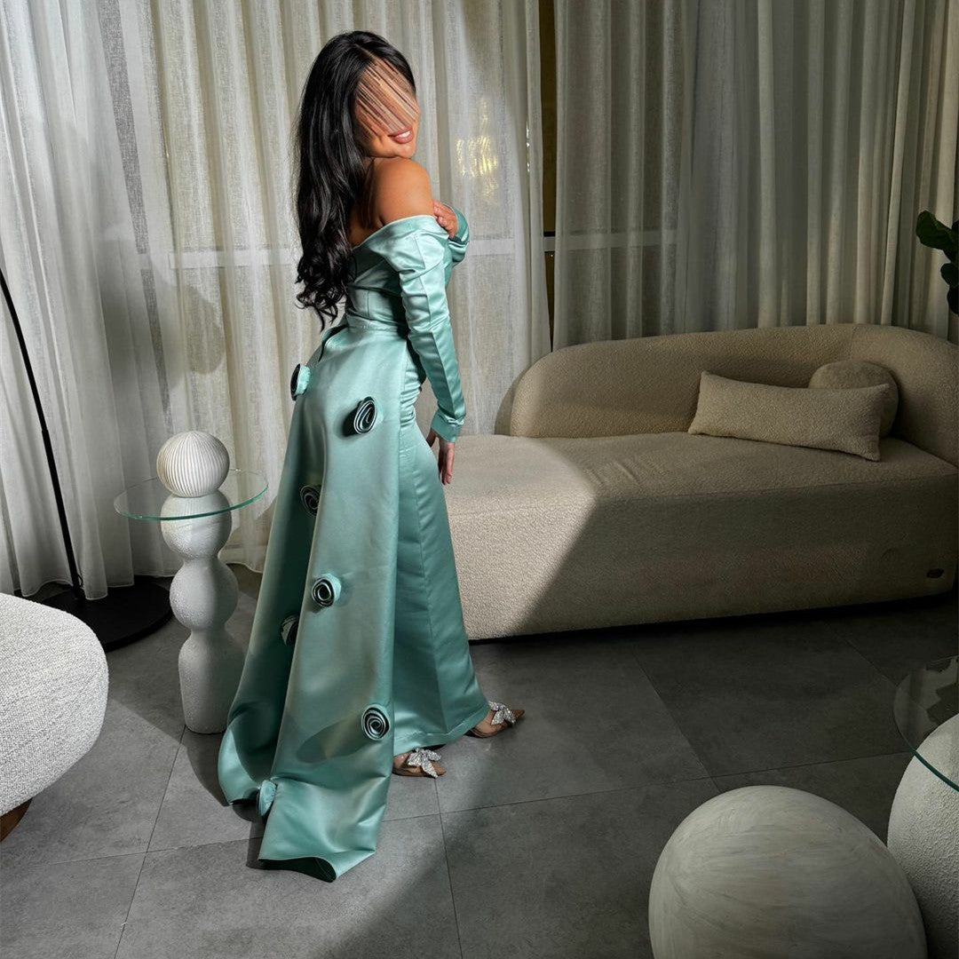 Elegant Long Sleeves Green Evening Dresses فساتين سهرة Sheath Formal Party Dress Sweep Train for Women