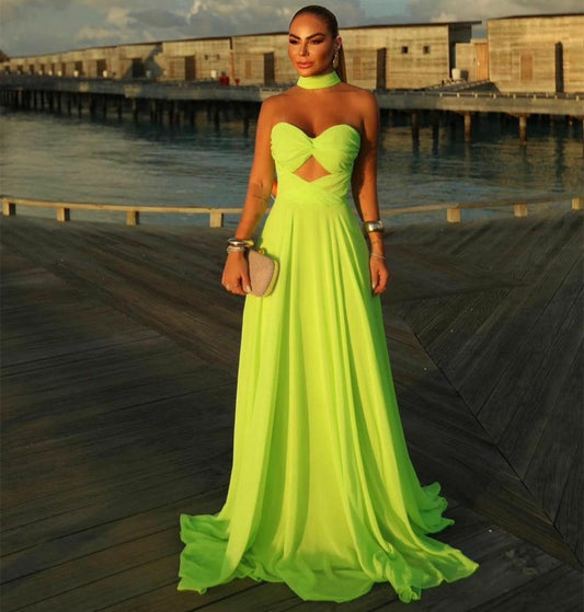 Sexy Long Green Chiffon Prom Dresses A-Line Pleated Sweetheart Watteau Train Evening Dresses for Women