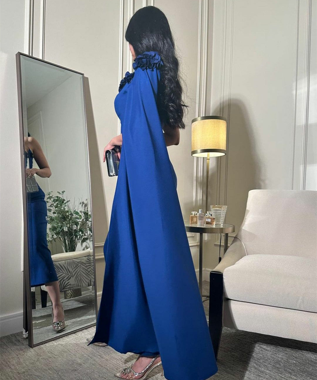 Vintage Short Royal Blue Crepe Evening Dresses With Flower/Slit Mermaid One Shoulder Ramadan/Eid Dresses for Women