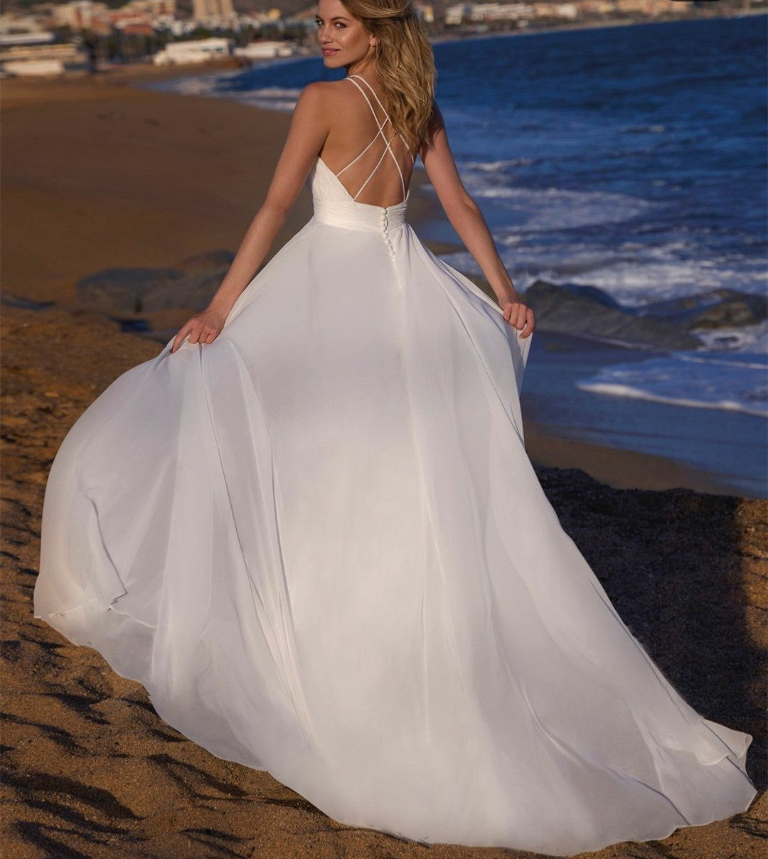 Elegant Long Ivory Chiffon Backless Wedding Dresses A-Line Beach V-Neck Pleated Sweep Train Bridal Gowns for Women