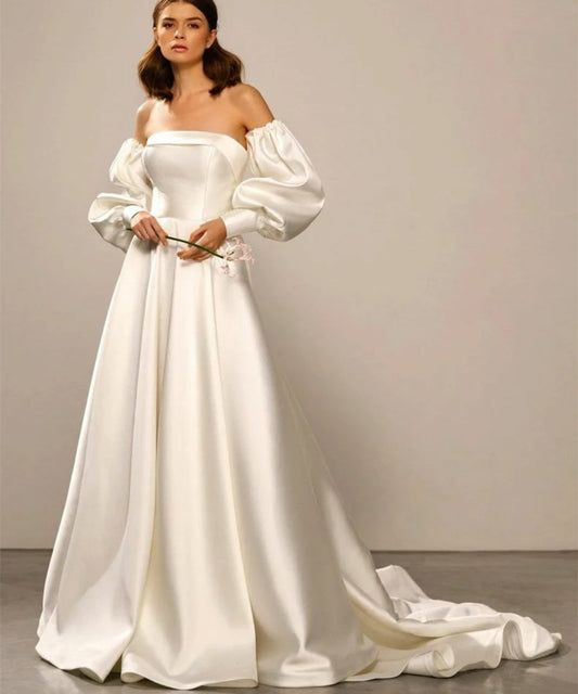 Elegant Long Strapless Satin Wedding Dresses With Pockets A-Line Maxi Sweep Train Bridal Gowns for Women