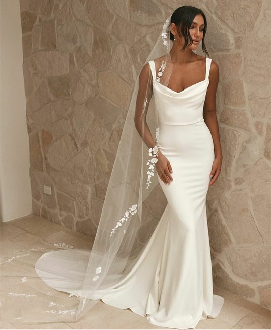 Elegant Long Cowl Neck Crepe Wedding Dresses Mermaid Zipper Back Ivory Vestidos de Novia Abendkleid Bridal Gown for Women