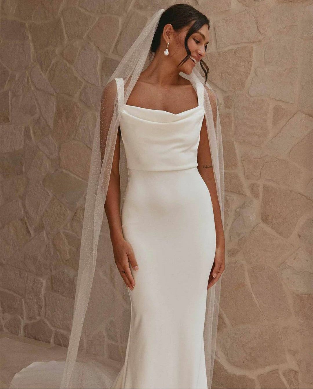 Elegant Long Cowl Neck Crepe Wedding Dresses Mermaid Zipper Back Ivory Vestidos de Novia Abendkleid Bridal Gown for Women