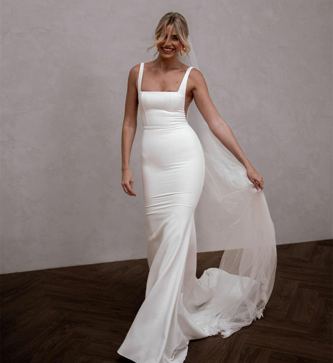 Classy Long Crepe Ivory Square Neck Wedding Dresses Mermaid Open Back Court Ttain Bridal Gowns