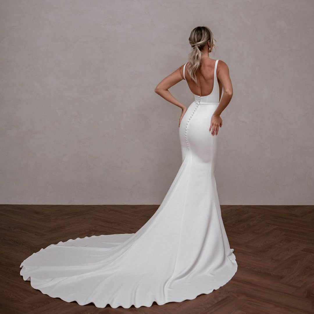 Classy Long Crepe Ivory Square Neck Wedding Dresses Mermaid Open Back Court Ttain Bridal Gowns