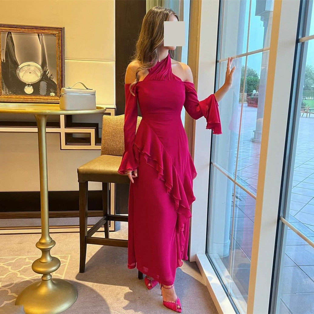 Elegant Short Fuchsia Chiffon Evening Dresses With Ruffles Sheath Halter Ankle Length فساتين السهرة Ramadan Eid Dresses