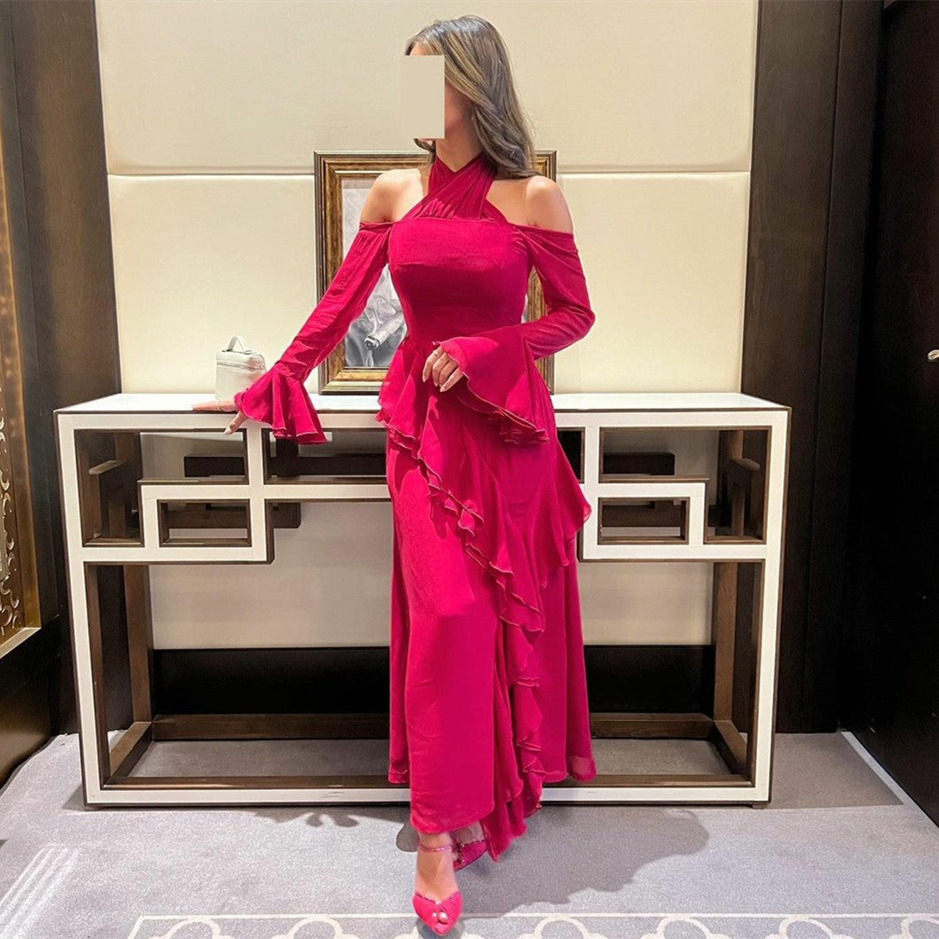 Elegant Short Fuchsia Chiffon Evening Dresses With Ruffles Sheath Halter Ankle Length فساتين السهرة Ramadan Eid Dresses