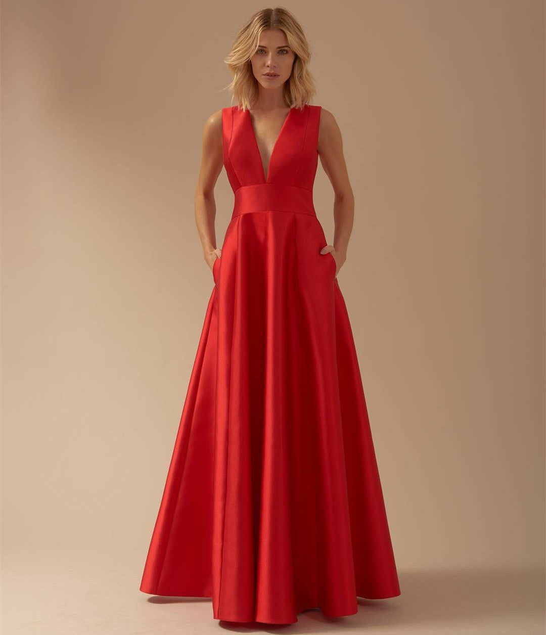 Classy Long Red V-Neck Evening Dresses With Pockets A-Line Satin Zipper Back حزب اللباس Floor Length Party Dress for Women