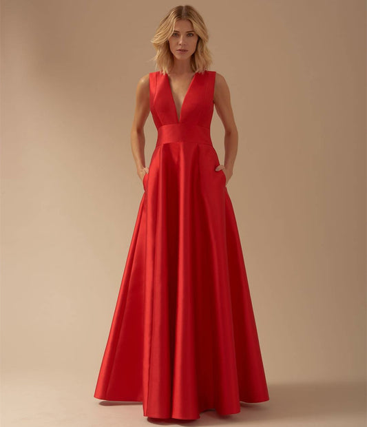 Classy Long Red V-Neck Evening Dresses With Pockets A-Line Satin Zipper Back حزب اللباس Floor Length Party Dress for Women