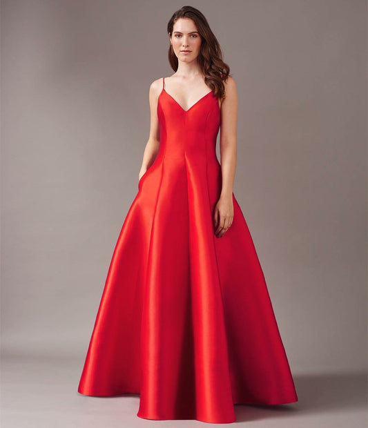 Elegant Long Red Satin V-Neck Evening Dresses With Pockets A-Line Zipper Back حزب اللباس Floor Length Party Dress for Women