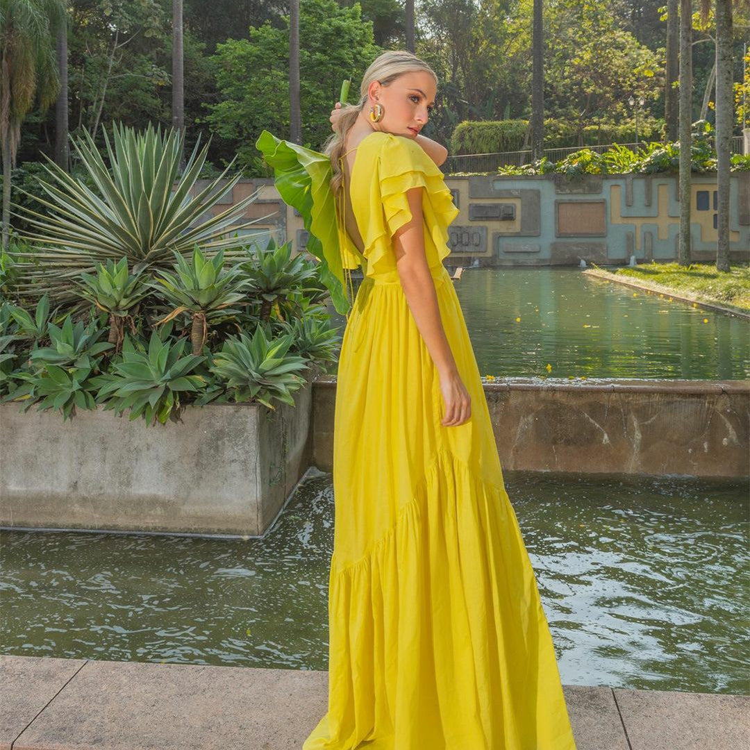 Elegant Long Yellow Chiffon Prom Dresses A-Line V-Neck Ruffles Floor Length Evening Dresses for Women